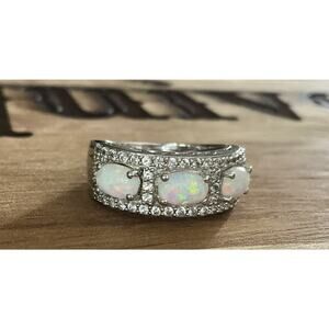 Signed SUN 925 Sterling Silver 3 Stone Oval Opal Ring Pave Size 6.5 Wide Band